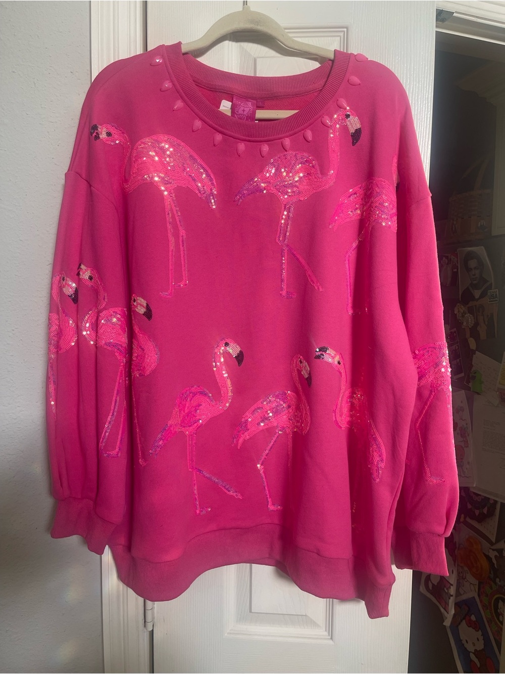 QUEEN OF SPARKLES Hot Pink Sequin Flamingo Sweatshirt large new